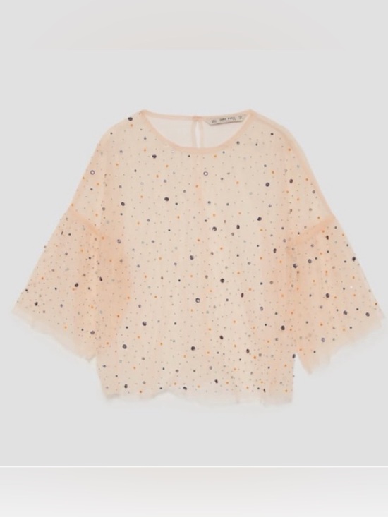 Zara Tops - Zara Tulle Blouse featuring multi-colored jewel and bead appliqués. Size L